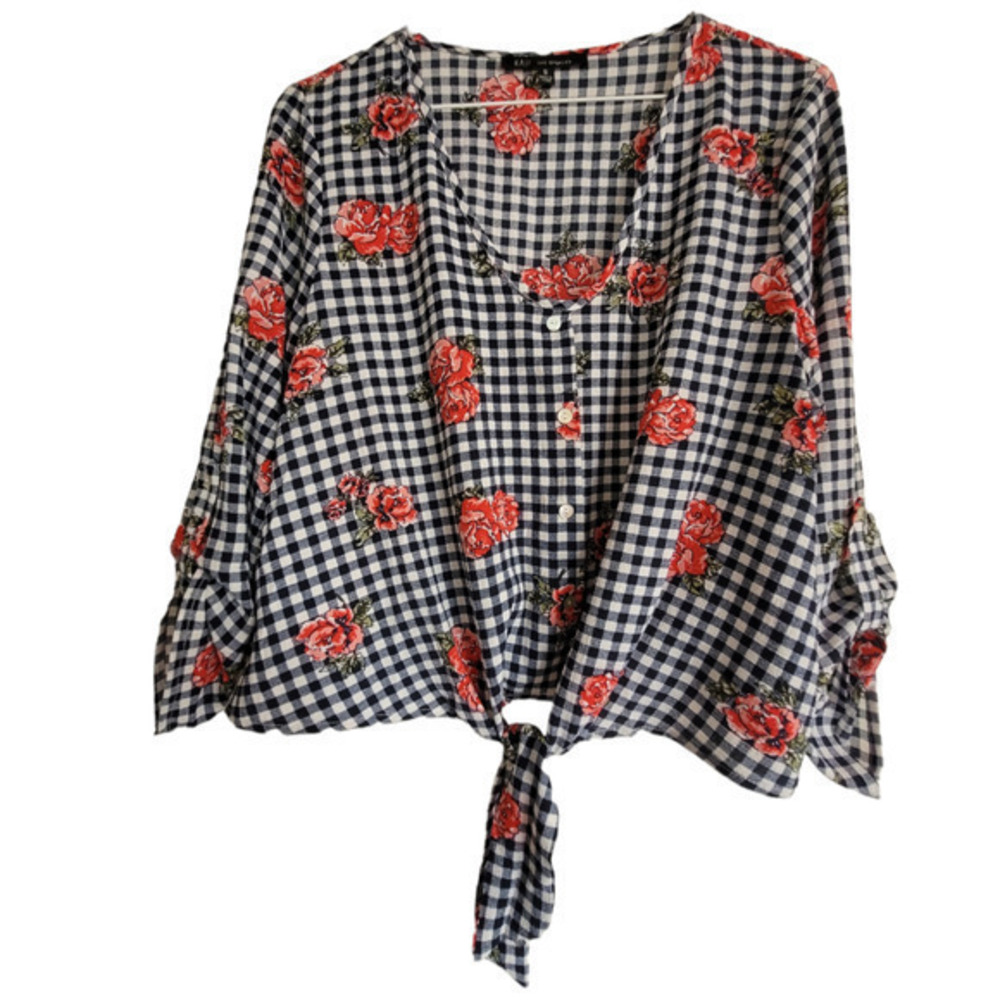 HP KAII Los‎ Angeles, Tie Front Blouse Gingham Pattern 3/4 Cuffed Sleeve Blouse